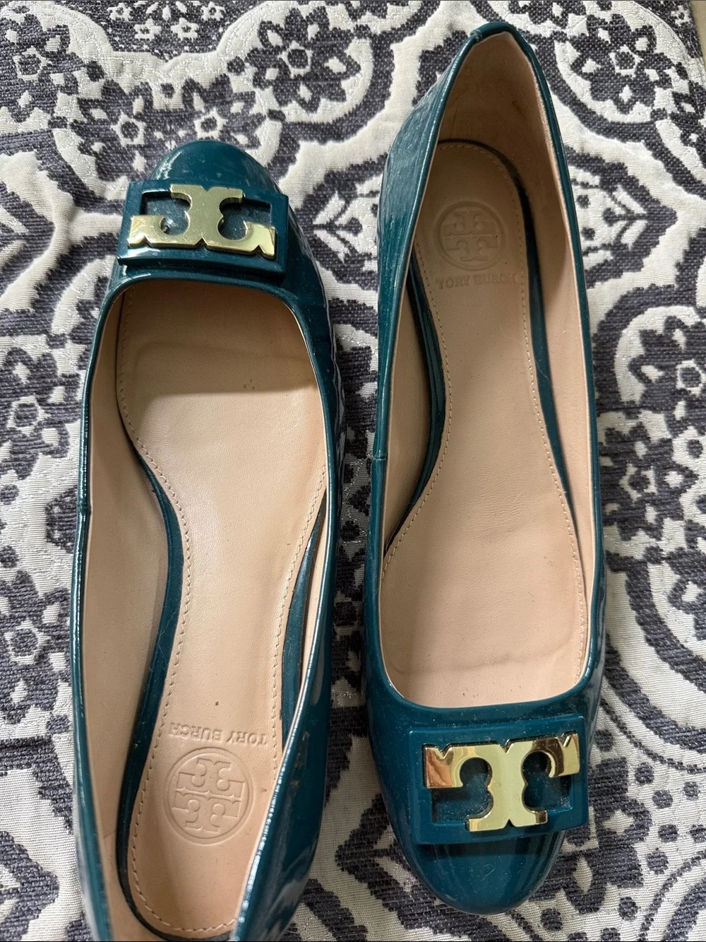 Tory Burch Teal Patent Logo Ballet Flats